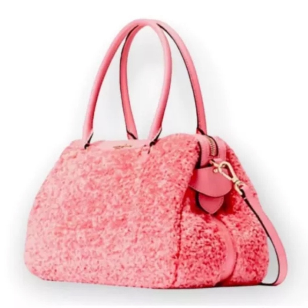 KATE SPADE Pink Faux Fur Bag with Leather Trim and Penguin Snow globe Charm